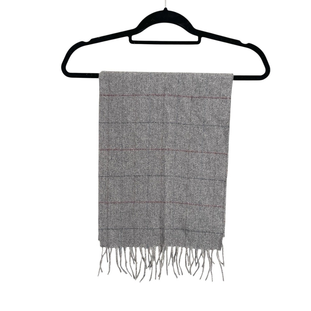 Men's Grey Checkered Herringbone 100% Wool Winter‎ Scarf 12"x62" Made In Italy